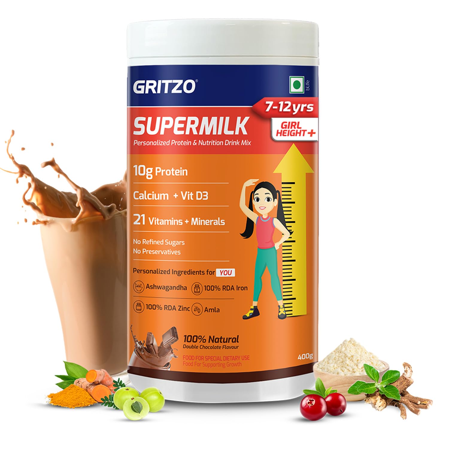 Gritzo SuperMilk Height+ Health Drink for 7-12y Girls - Double Chocolate Flavor - Distacart