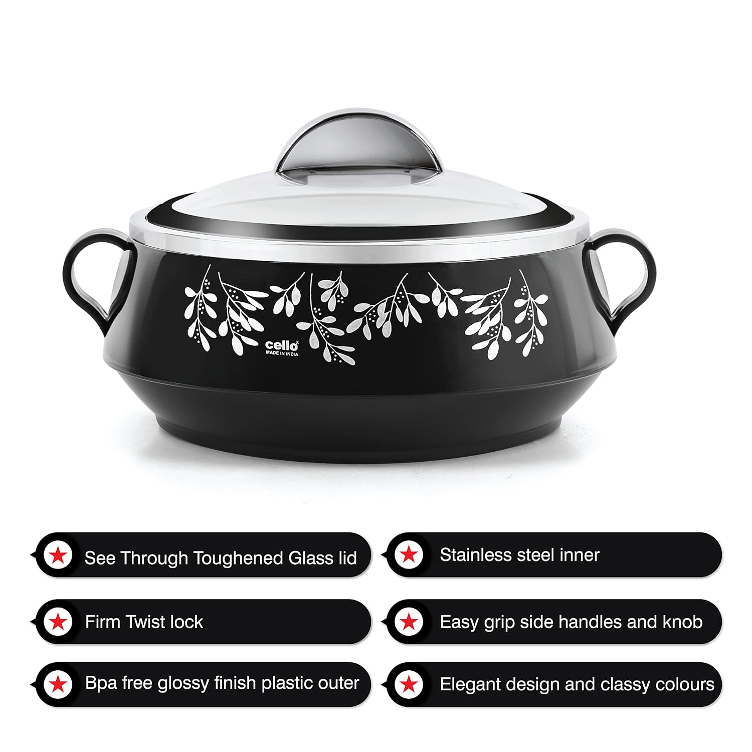 CELLO Glitter Casserole with Inner Steel 3 Unit, Black - Dista