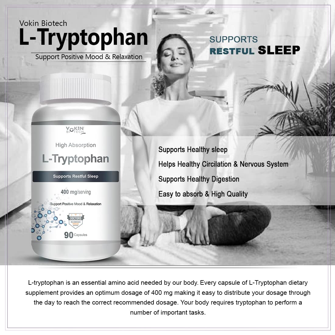 Vokin biotech L-Tryptophan – Support Positive Mood & Relaxation- 400mg (90 Capsules)