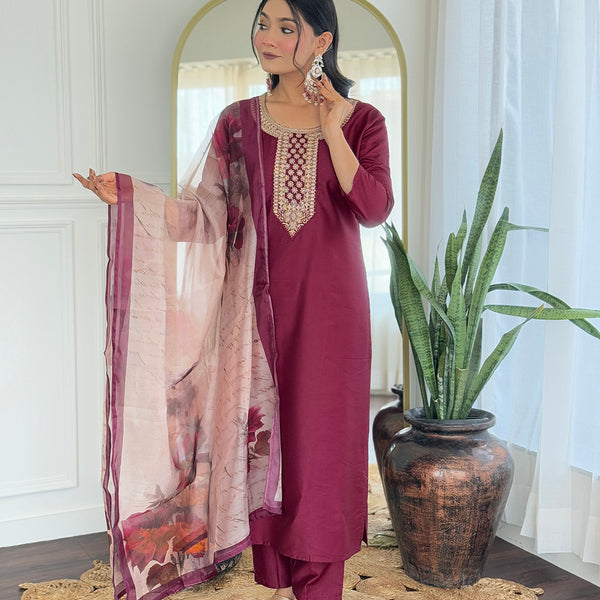The52 Women's Gorgeous Rayon Embroidery Straight Kurta with Pant And Dupatta Set