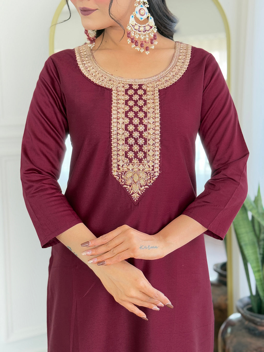The52 Women's Gorgeous Rayon Embroidery Straight Kurta with Pant And Dupatta Set
