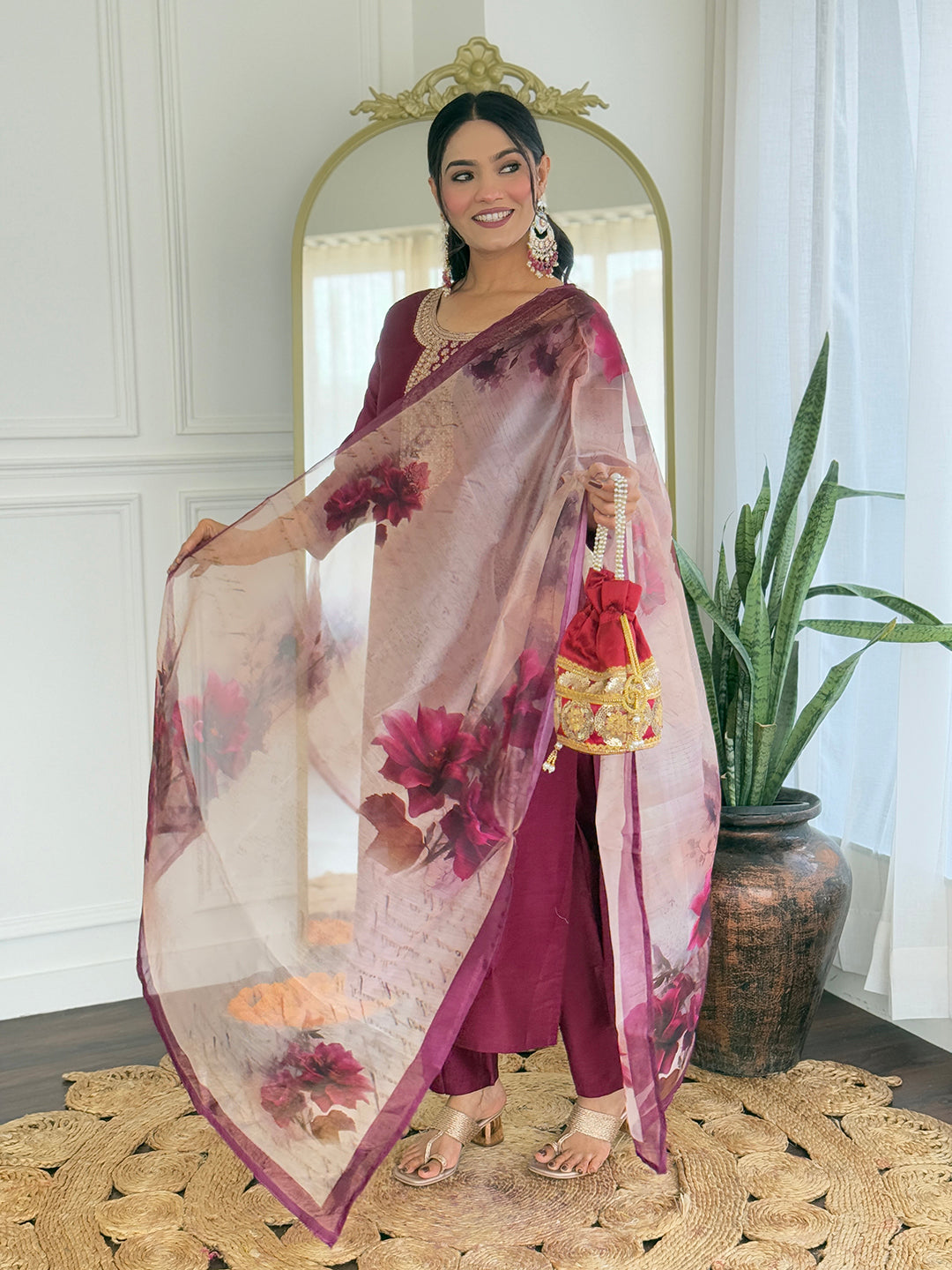 The52 Women's Gorgeous Rayon Embroidery Straight Kurta with Pant And Dupatta Set