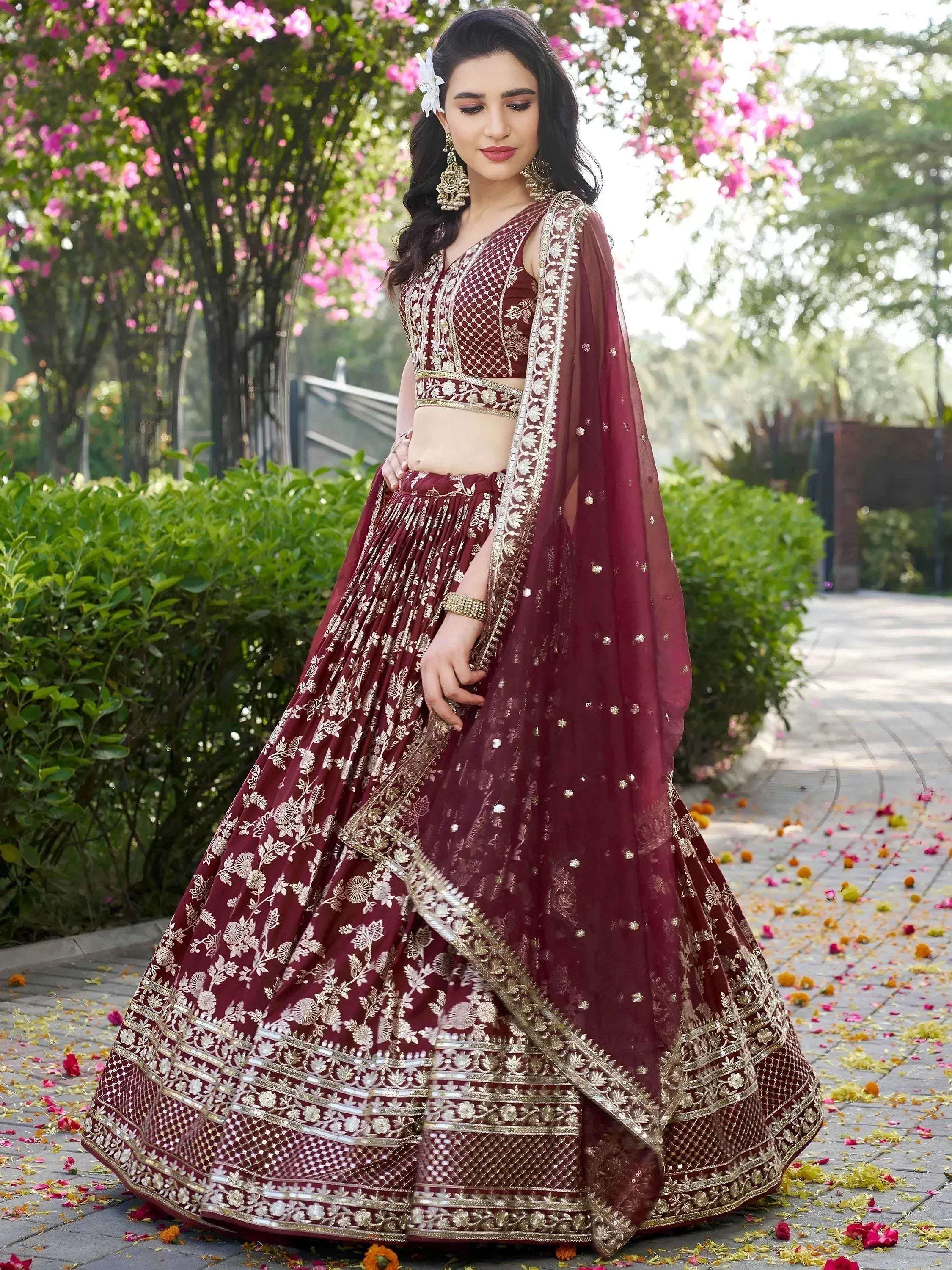 Tulsi Art Impressive Maroon Thread Work Silk Lehenga Choli With Dupatta