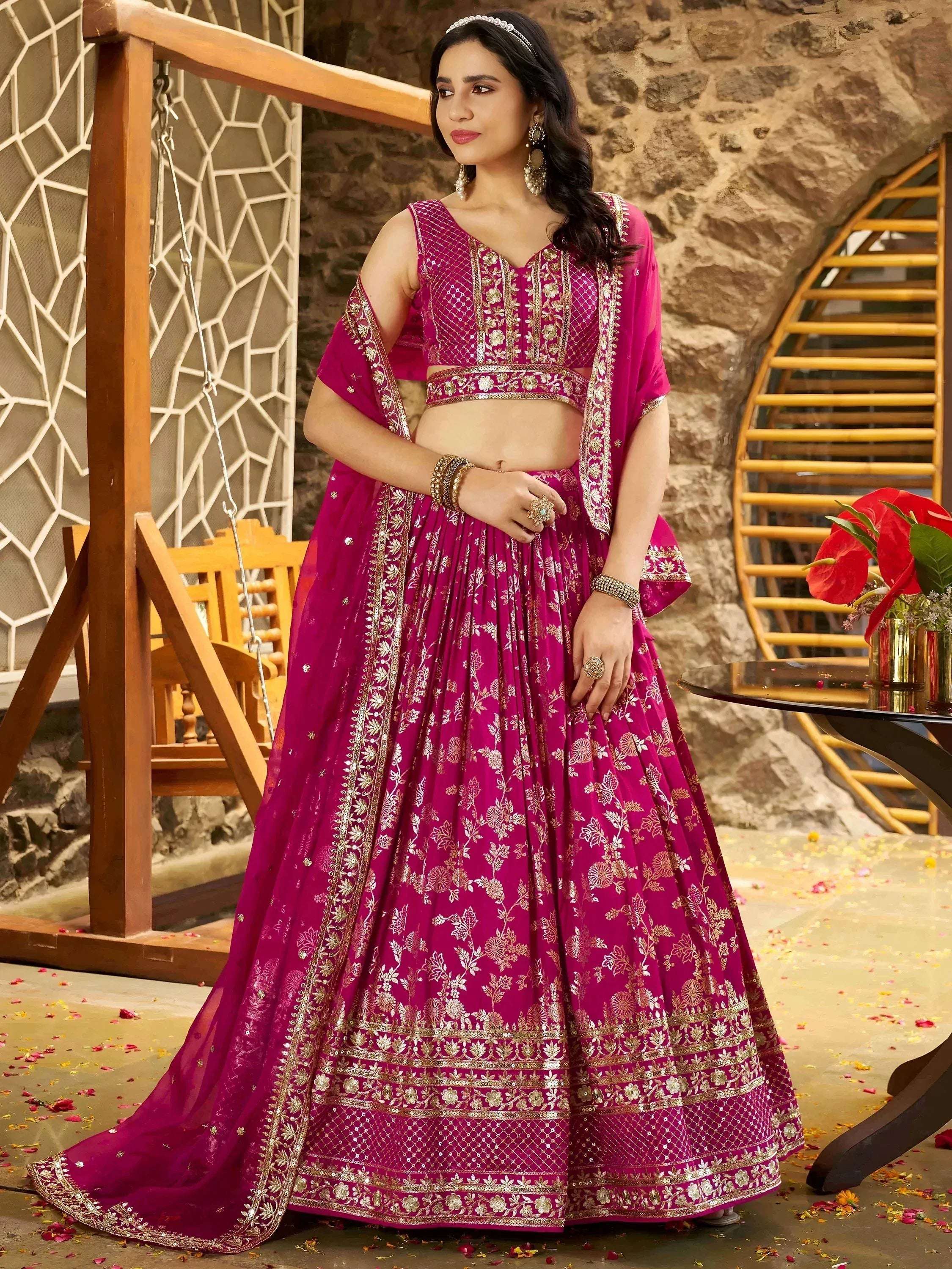 Tulsi Art Captivating Rani Pink Thread Embroidery Wedding Wear Lehenga Choli - Dista