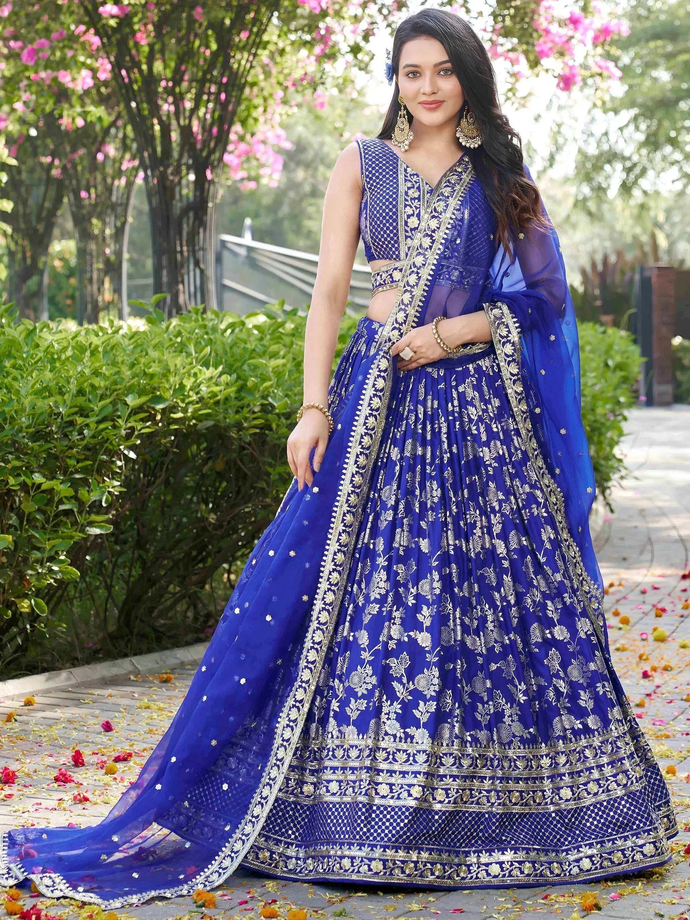Tulsi Art Luxurious Blue Embroidered Zari Silk Lehenga Choli With Dupatta - Dista