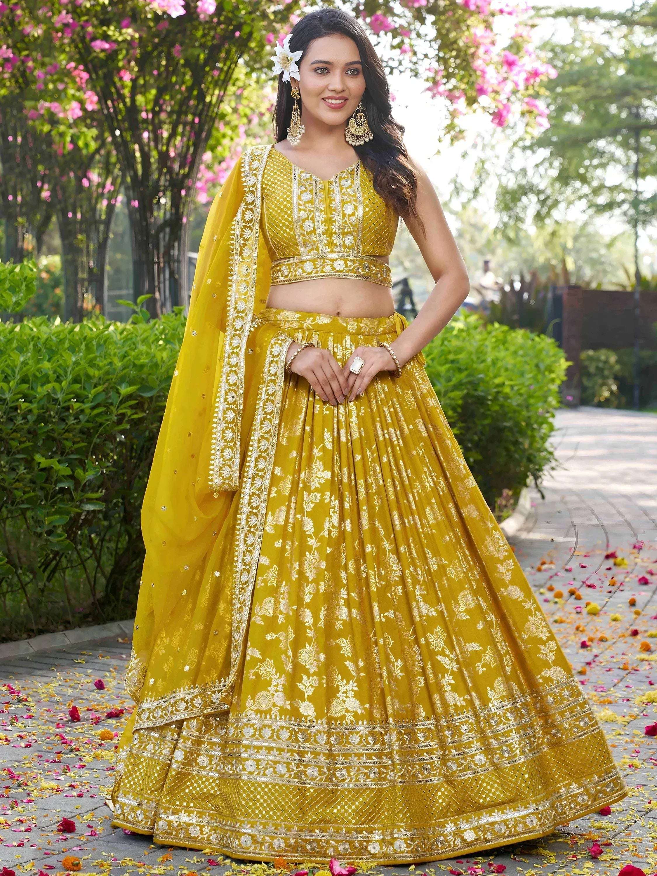 Tulsi Art Alluring Yellow Silk Embroidered Haldi Wear Lehenga Choli - Dista