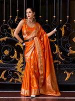 Thumbnail for Anaita Orange Silk Tissue Zari Weaving Work Saree With Blouse Piece - Distacart