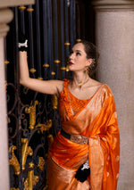 Thumbnail for Anaita Orange Silk Tissue Zari Weaving Work Saree With Blouse Piece - Distacart