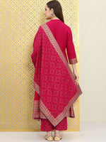 Thumbnail for Ode by House of Pataudi Women Pink Bandhani Kurta with Trousers & With Dupatta - Distacart