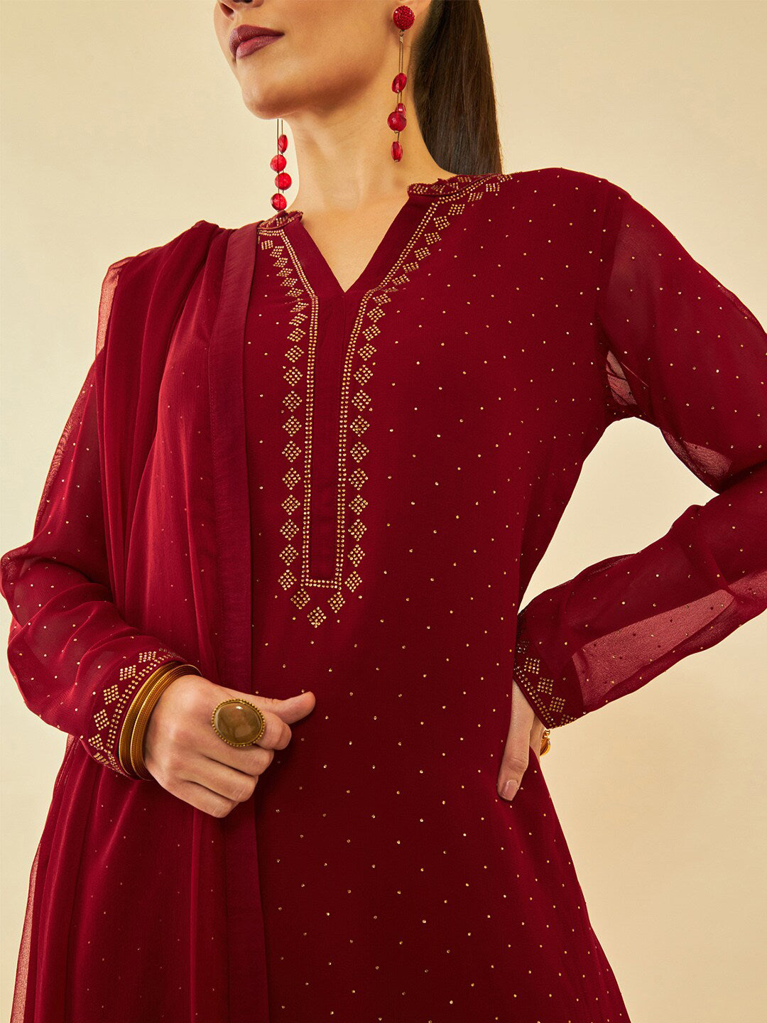 Soch Red Ethnic Motifs Yoke Design Beads and Stones Georgette Kurta With Salwar & Dupatta - Distacart