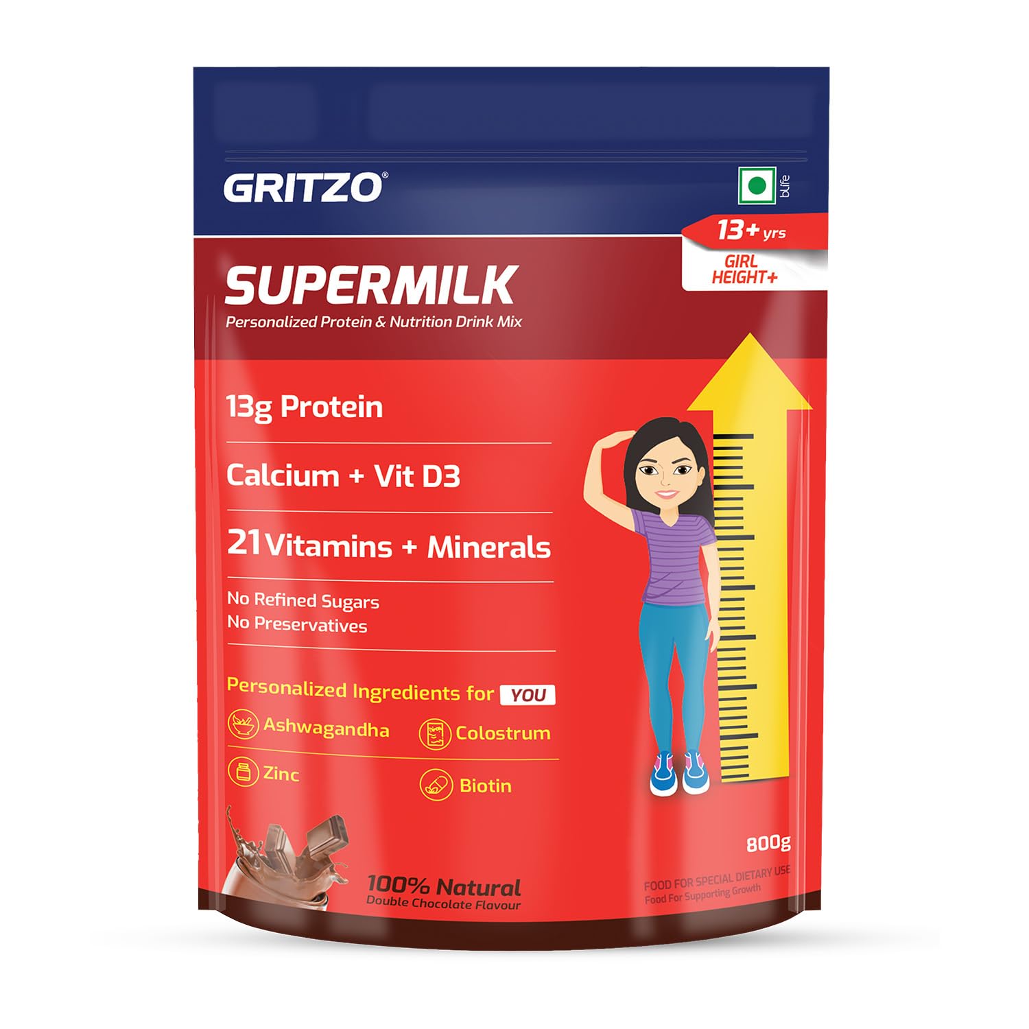 Gritzo Supermilk Height+ Health Drink For 13+Y Girls - Double Chocolate - Distacart