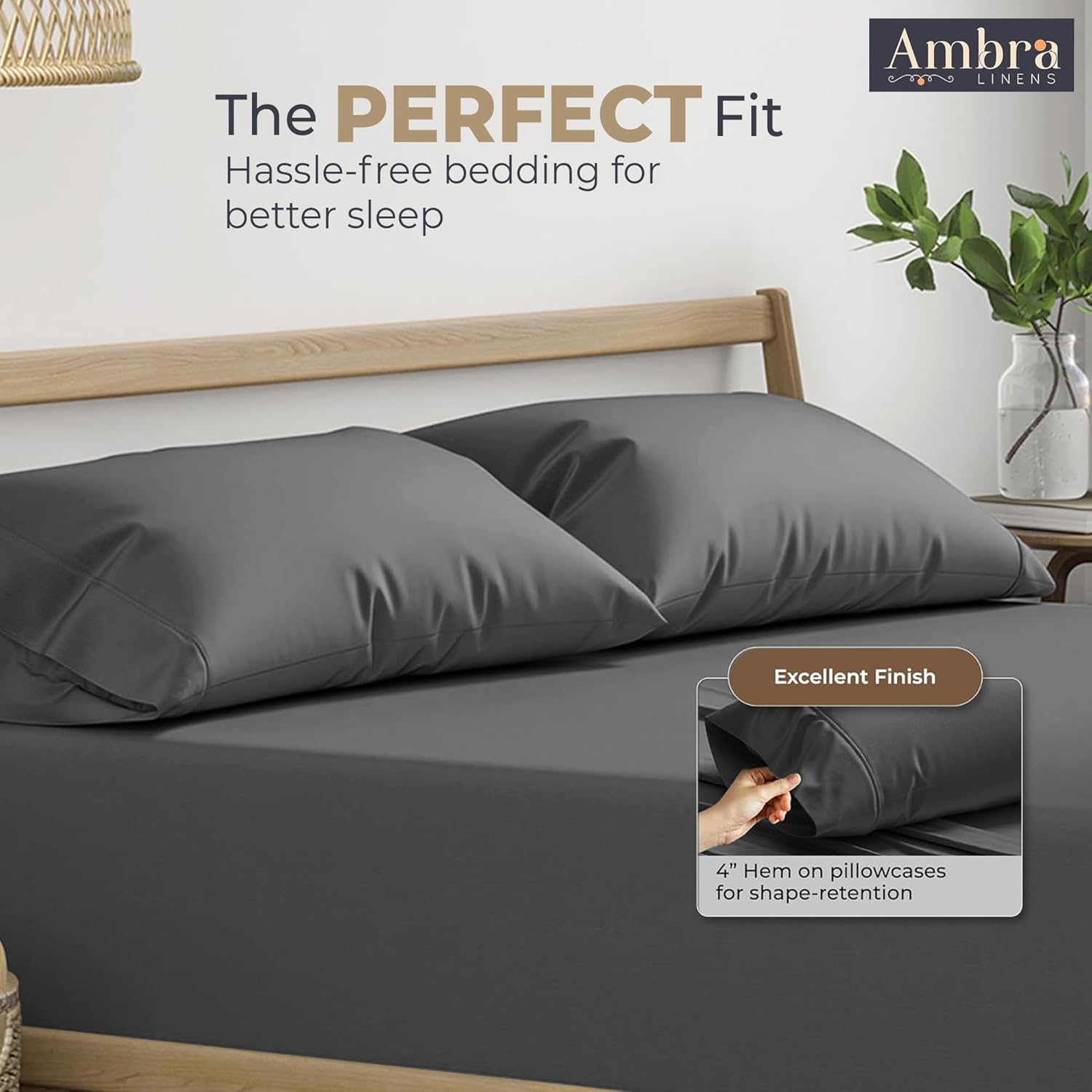 Ambra Linens Ultra Soft Pillow Protectors 400TC Set of 2 Breathable Pillow Covers-Grey - Dista