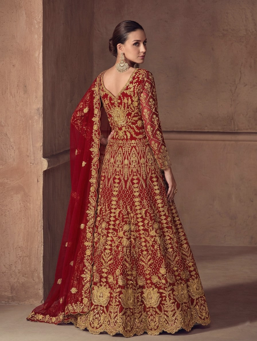 Anaita Red Net Semi Stitched Anarkali Suit with Codding & Stone Work - Dista
