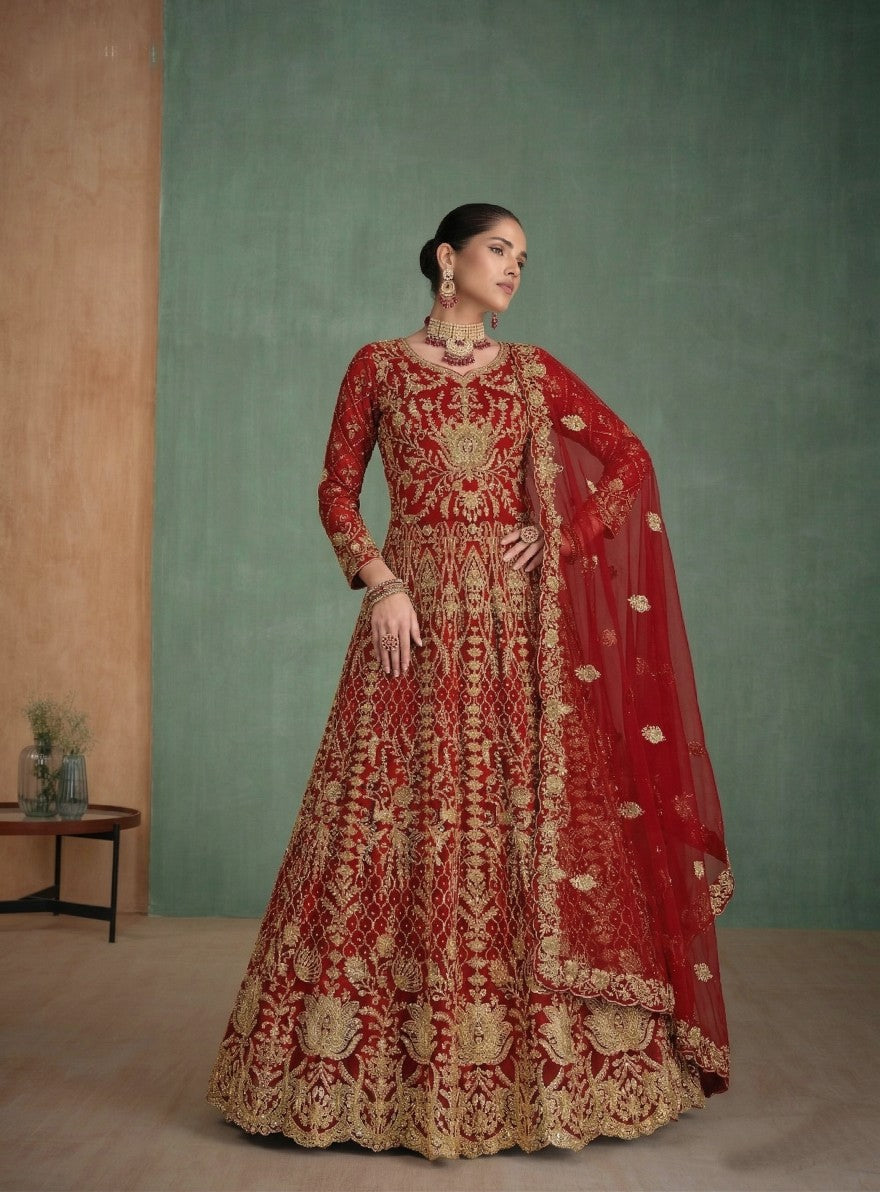 Anaita Red Net Semi Stitched Anarkali Suit with Codding & Stone Work - Dista