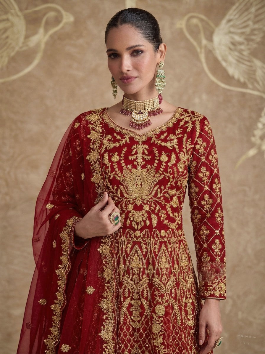 Anaita Red Net Semi Stitched Anarkali Suit with Codding & Stone Work - Dista