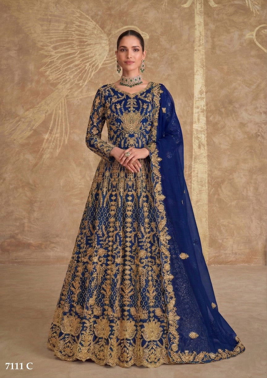 Anaita Blue Net Semi Stitched Anarkali Suit with Codding & Stone Work - Dista
