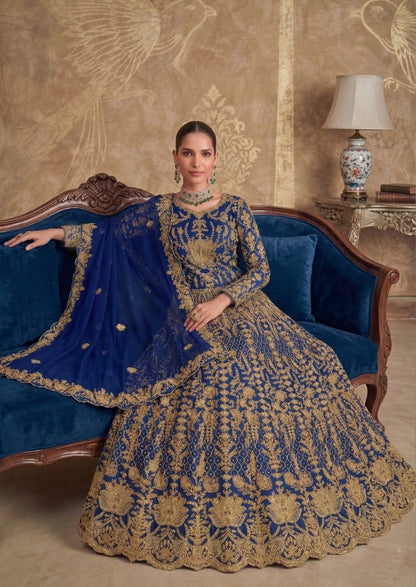 Anaita Blue Net Semi Stitched Anarkali Suit with Codding & Stone Work - Dista