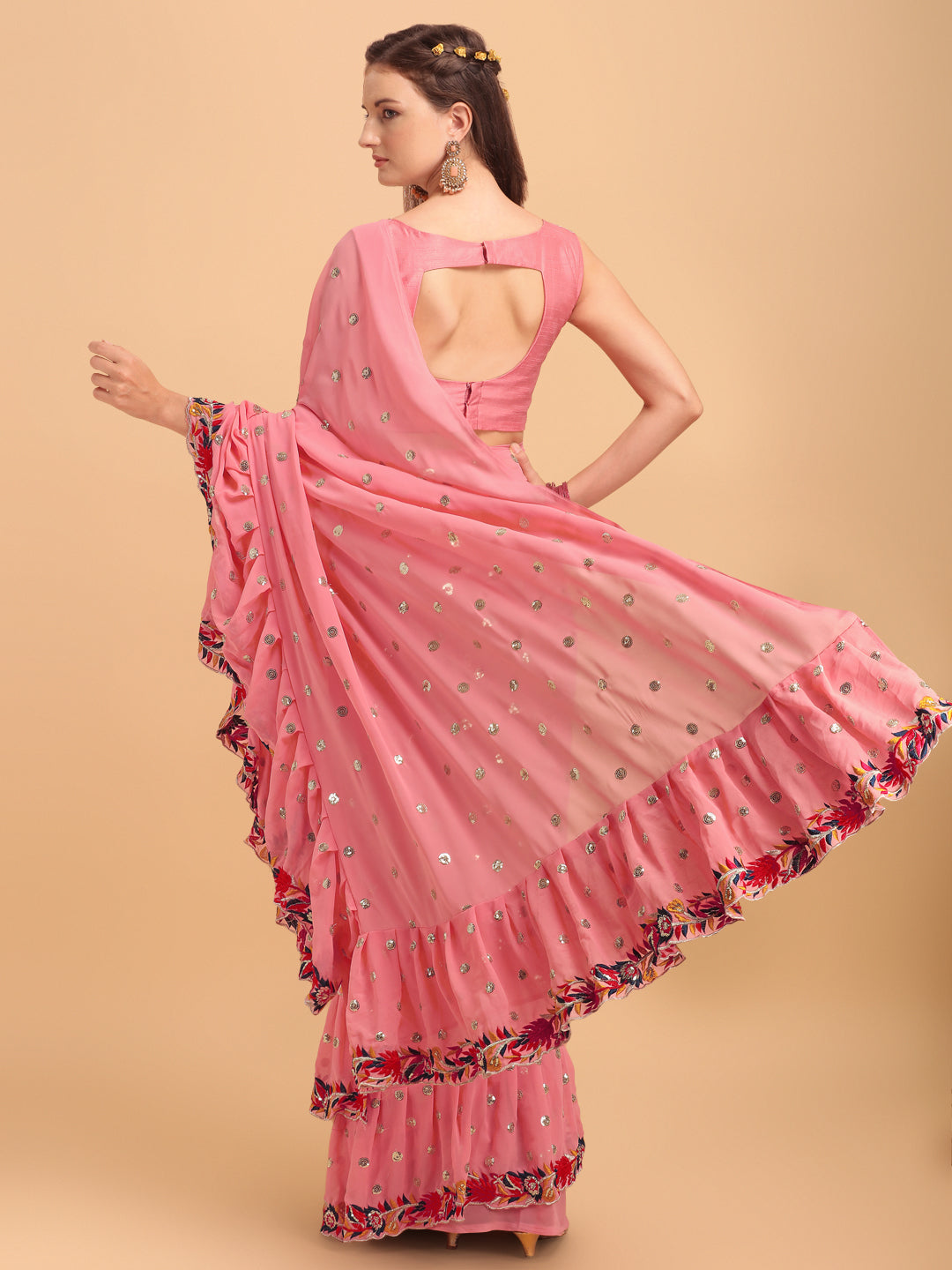 Lorenvalley Fashion Peach Faux Georgette Ruffle Saree with Fancy Sequence work & Blouse - Distacart
