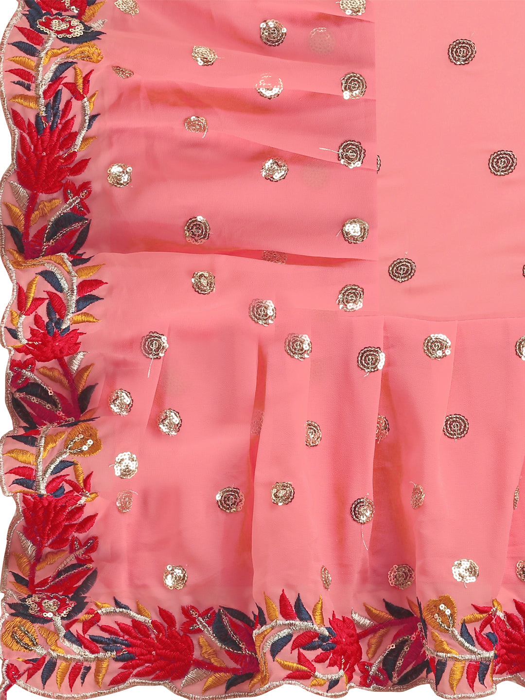 Lorenvalley Fashion Peach Faux Georgette Ruffle Saree with Fancy Sequence work & Blouse - Distacart