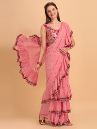 Thumbnail for Lorenvalley Fashion Peach Faux Georgette Ruffle Saree with Fancy Sequence work & Blouse - Distacart