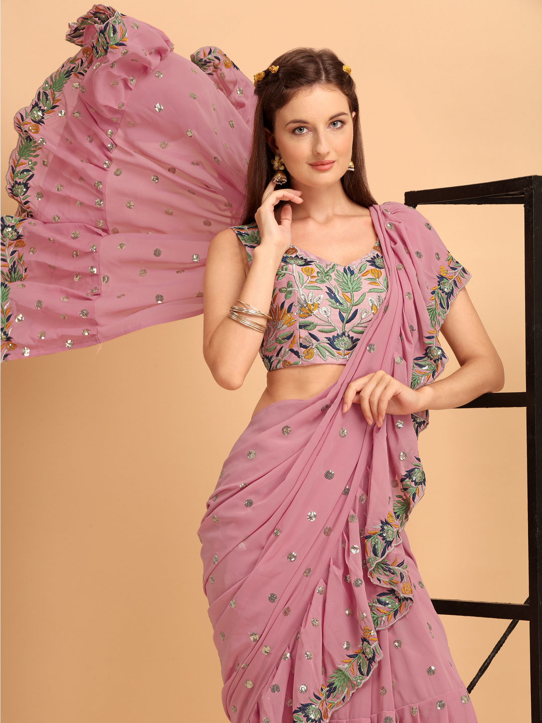 Lorenvalley Fashion Pink Faux Georgette Ruffle Saree with Fancy Sequence work & Blouse - Distacart
