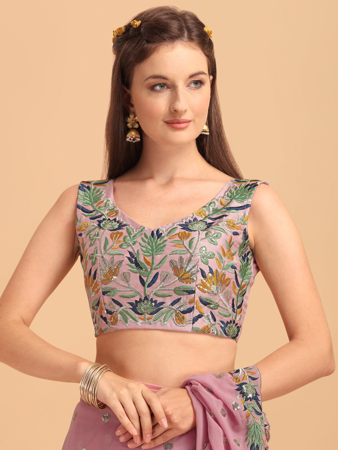 Lorenvalley Fashion Pink Faux Georgette Ruffle Saree with Fancy Sequence work & Blouse - Distacart