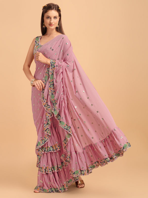 Lorenvalley Fashion Pink Faux Georgette Ruffle Saree with Fancy Sequence work & Blouse - Distacart