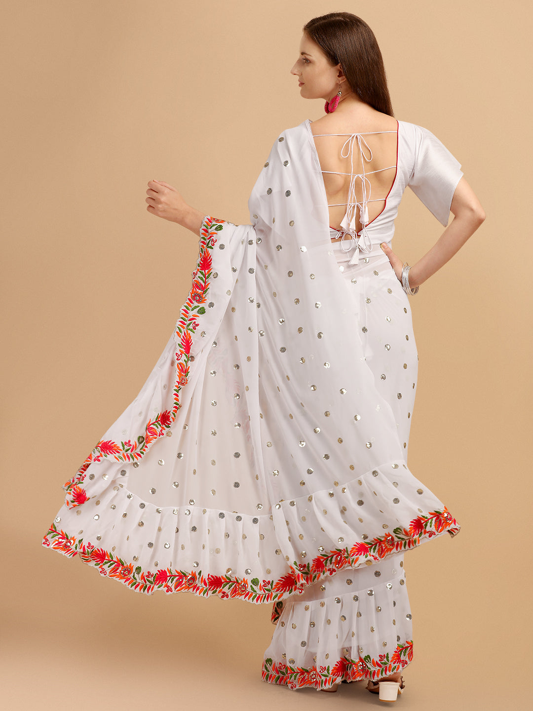 Lorenvalley Fashion White Faux Georgette Ruffle Saree with Fancy Sequence work & Blouse - Distacart