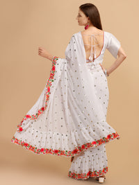 Thumbnail for Lorenvalley Fashion White Faux Georgette Ruffle Saree with Fancy Sequence work & Blouse - Distacart