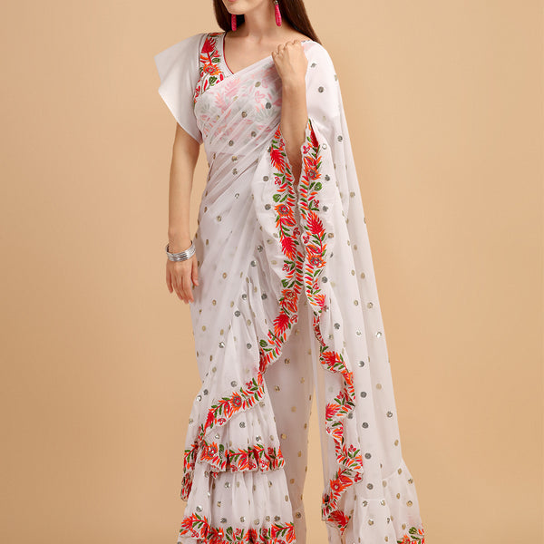 Lorenvalley Fashion White Faux Georgette Ruffle Saree with Fancy Sequence work & Blouse - Distacart