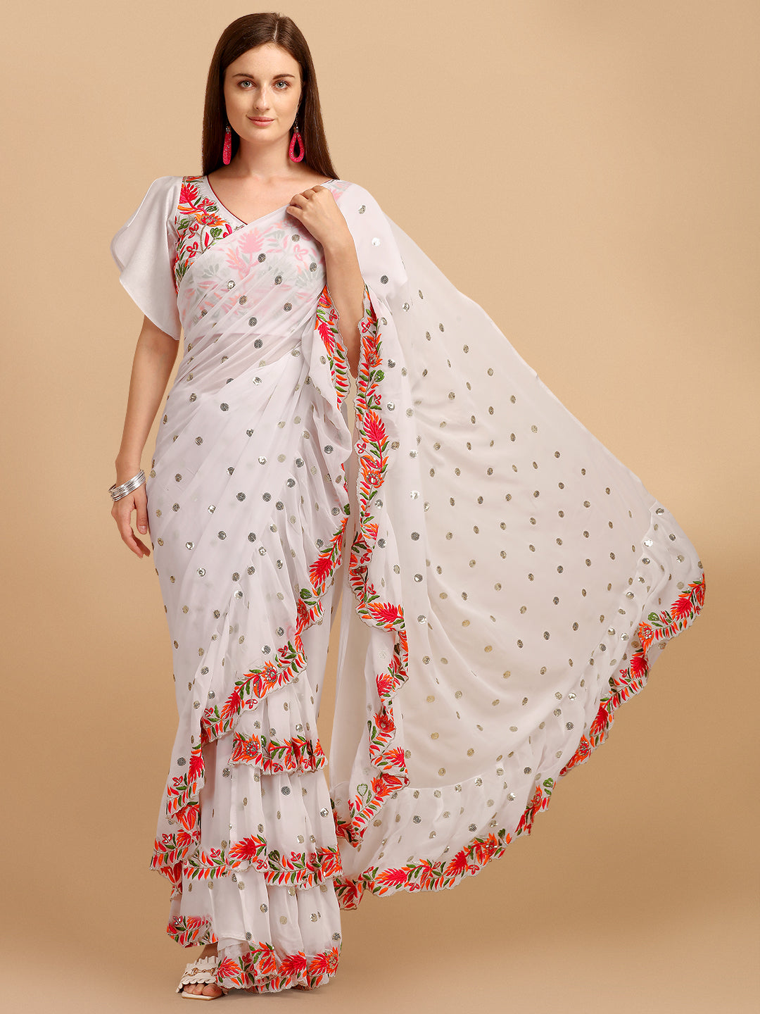 Lorenvalley Fashion White Faux Georgette Ruffle Saree with Fancy Sequence work & Blouse - Distacart
