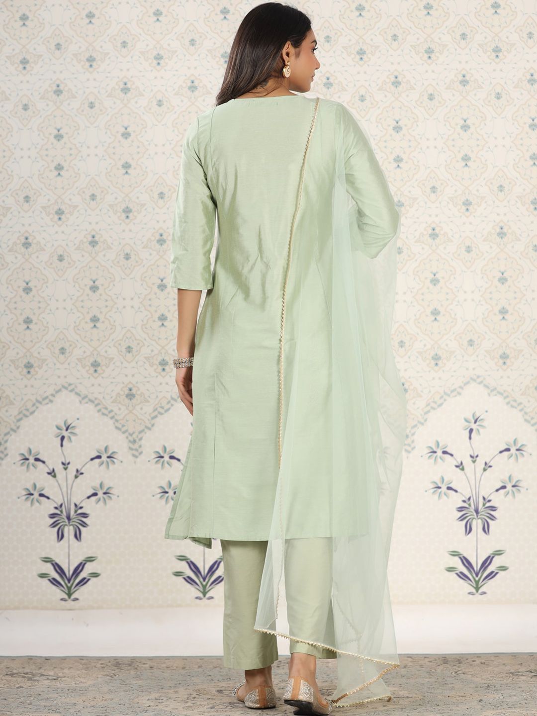 Ode by House of Pataudi Embroidered Gota Patti A-Line Kurta with Trousers and Dupatta - Distacart