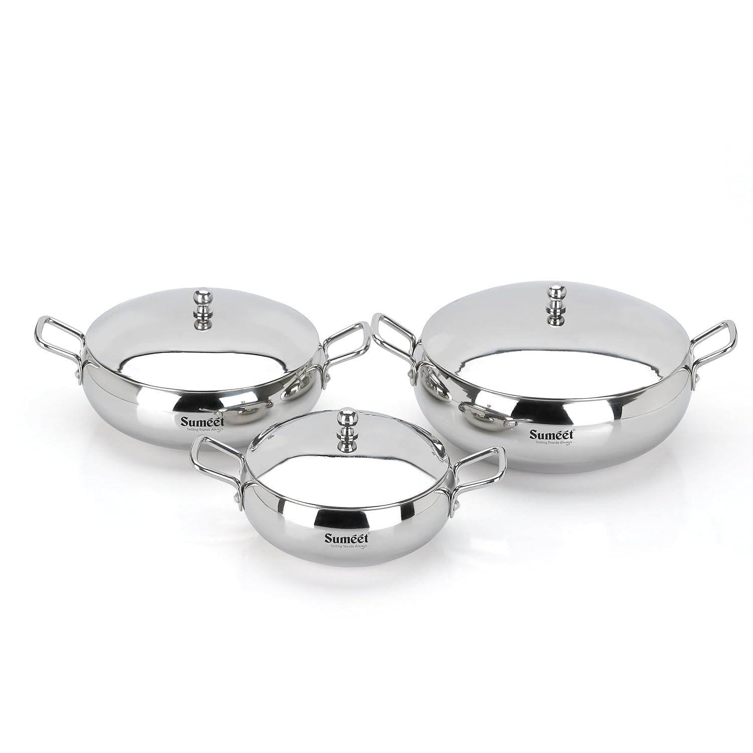 Sumeet Stainless Steel Apple Shape Cook and Serve Handi Set with Lid and Handle|3 Pieces - 650ml, 1150ml & 1700ml - Dista