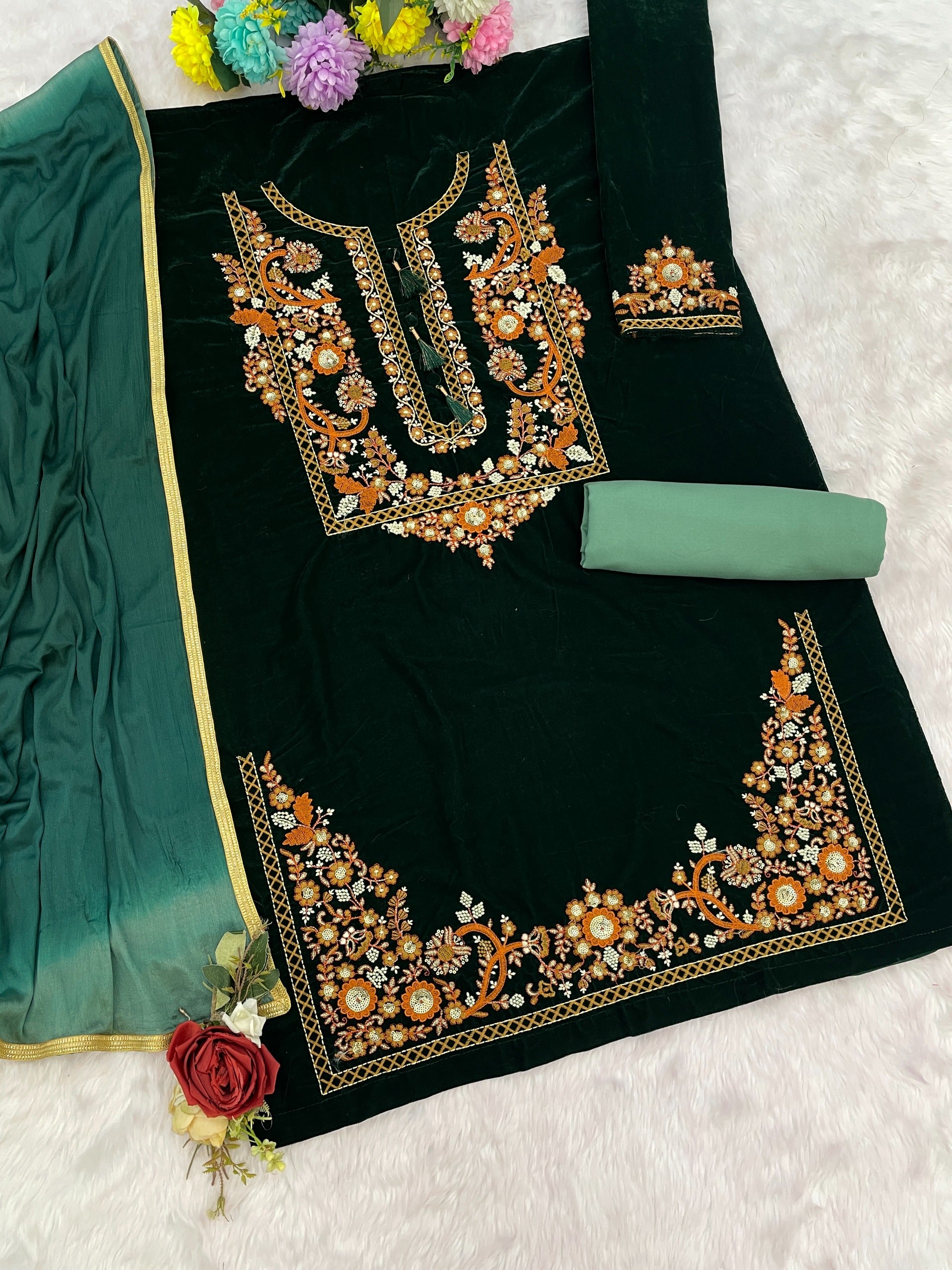 Anaita Green Embroidery Sequence & Thread Work Velvet Salwar Suit - Distacart