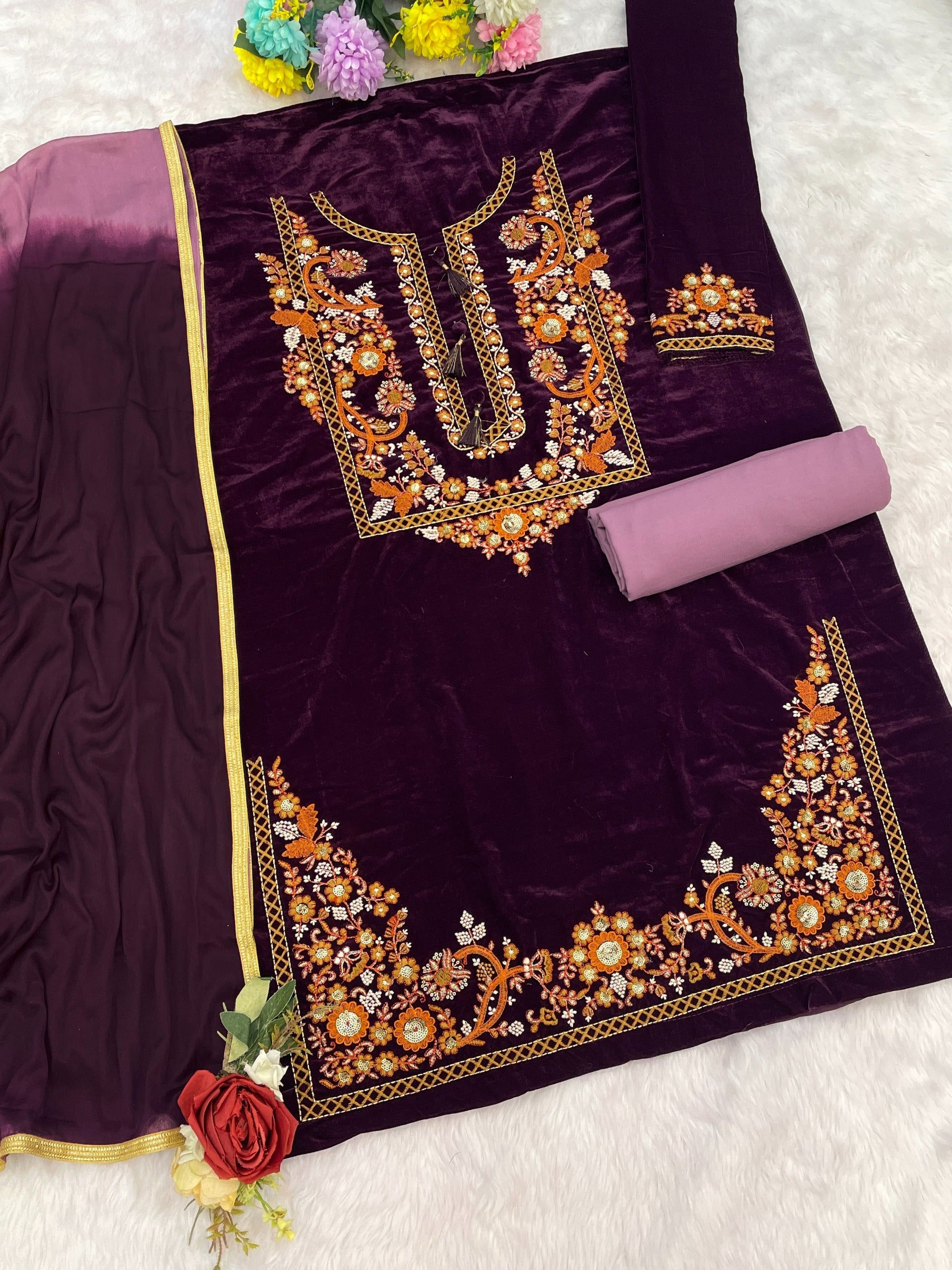 Anaita Lavender-Purple Embroidery Sequence & Thread Work Velvet Salwar Suit - Distacart