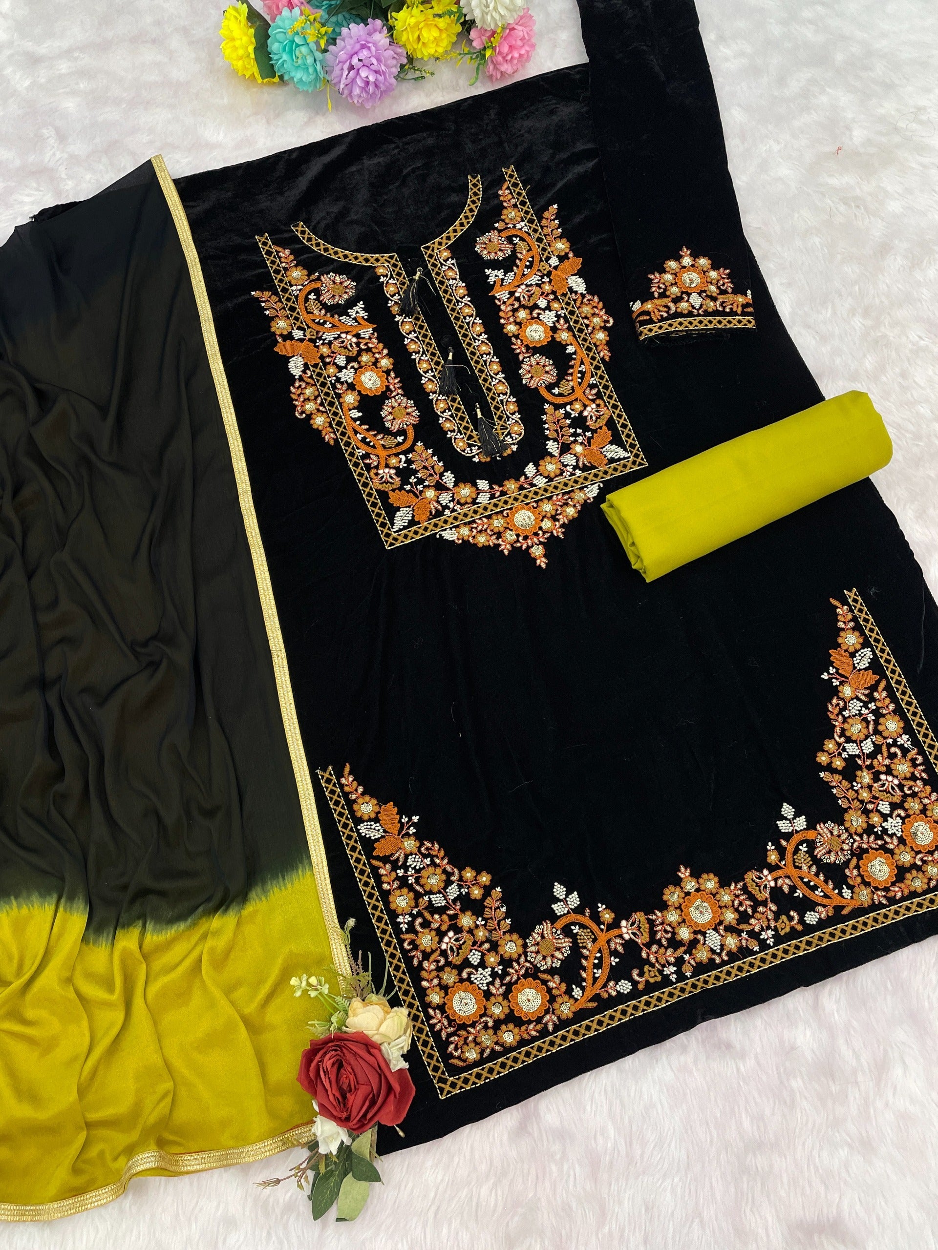 Anaita Mustard-Black Embroidery Sequence & Thread Work Velvet Salwar Suit - Distacart