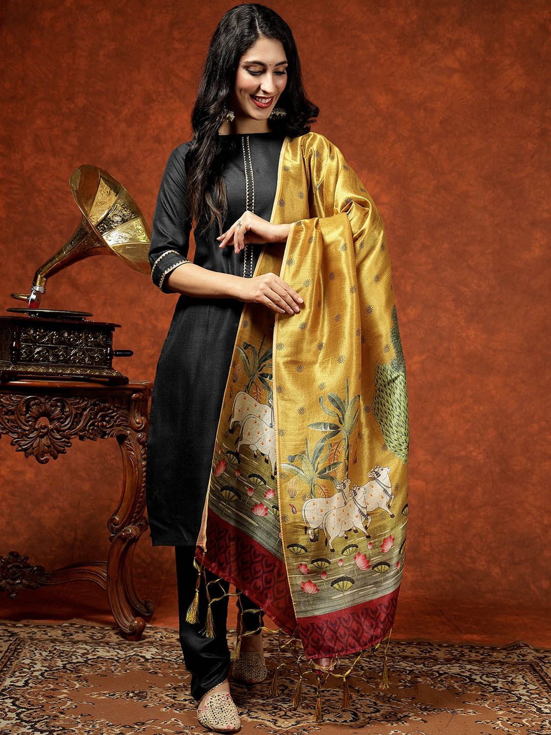 Kalini Boat Neck A-Line Gotta Patti Kurta with Trousers & Dupatta - Distacart