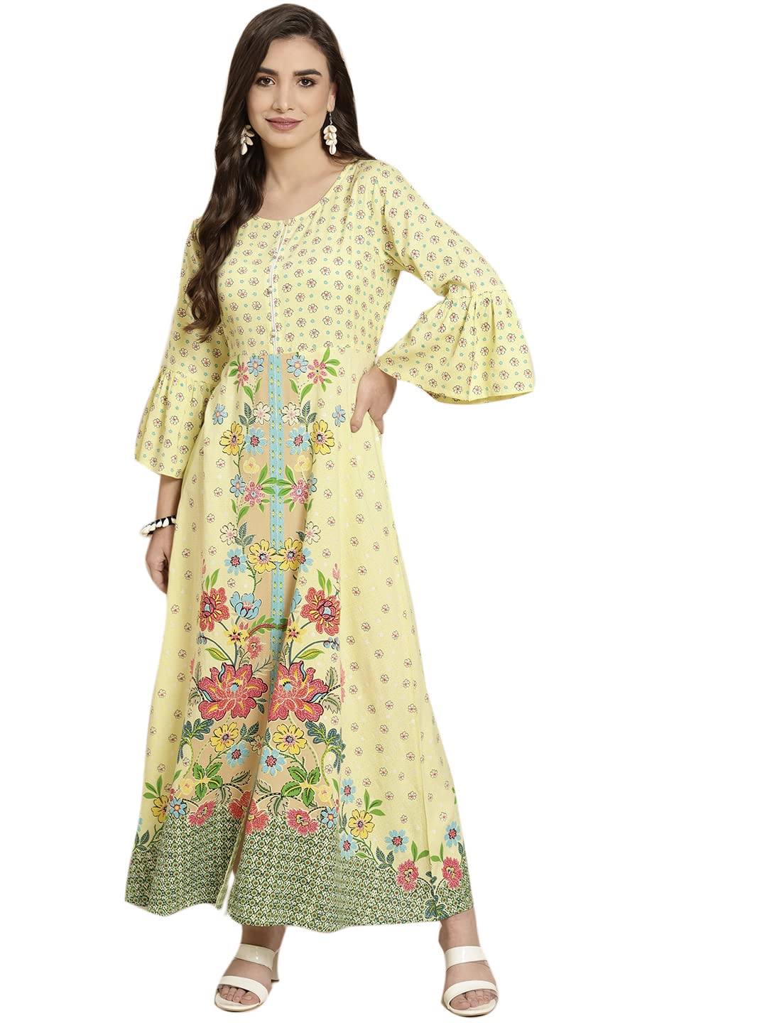 Juniper Women's Lime Floral Printed Rayon Kurta With Buttons Closure At Back - Distacart