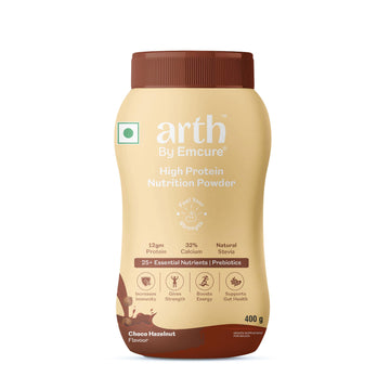 Arth High Protein Nutrition Powder | 12g Protein per Serving | 25+ Essential Nutrients with Prebiotic | No Added Sugar | Supports Energy, Strength & Immunity | 400gm (Choco hazelnut Flavour)