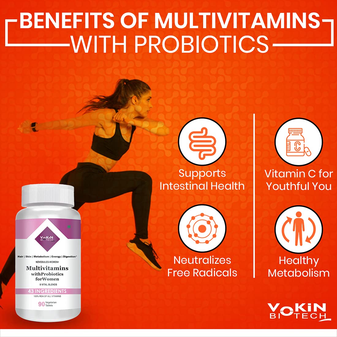 Vokin Biotech Multivitamin with Probiotics, With Vitamin C, Vitamin B, Vitamin D, Zinc, Supports Immunity and Gut health, For (Multivitamin For Women) (90 Tablets)