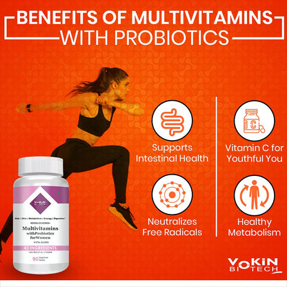 Vokin Biotech Multivitamin with Probiotics, With Vitamin C, Vitamin B, Vitamin D, Zinc, Supports Immunity and Gut health, For (Multivitamin For Women) (90 Tablets)