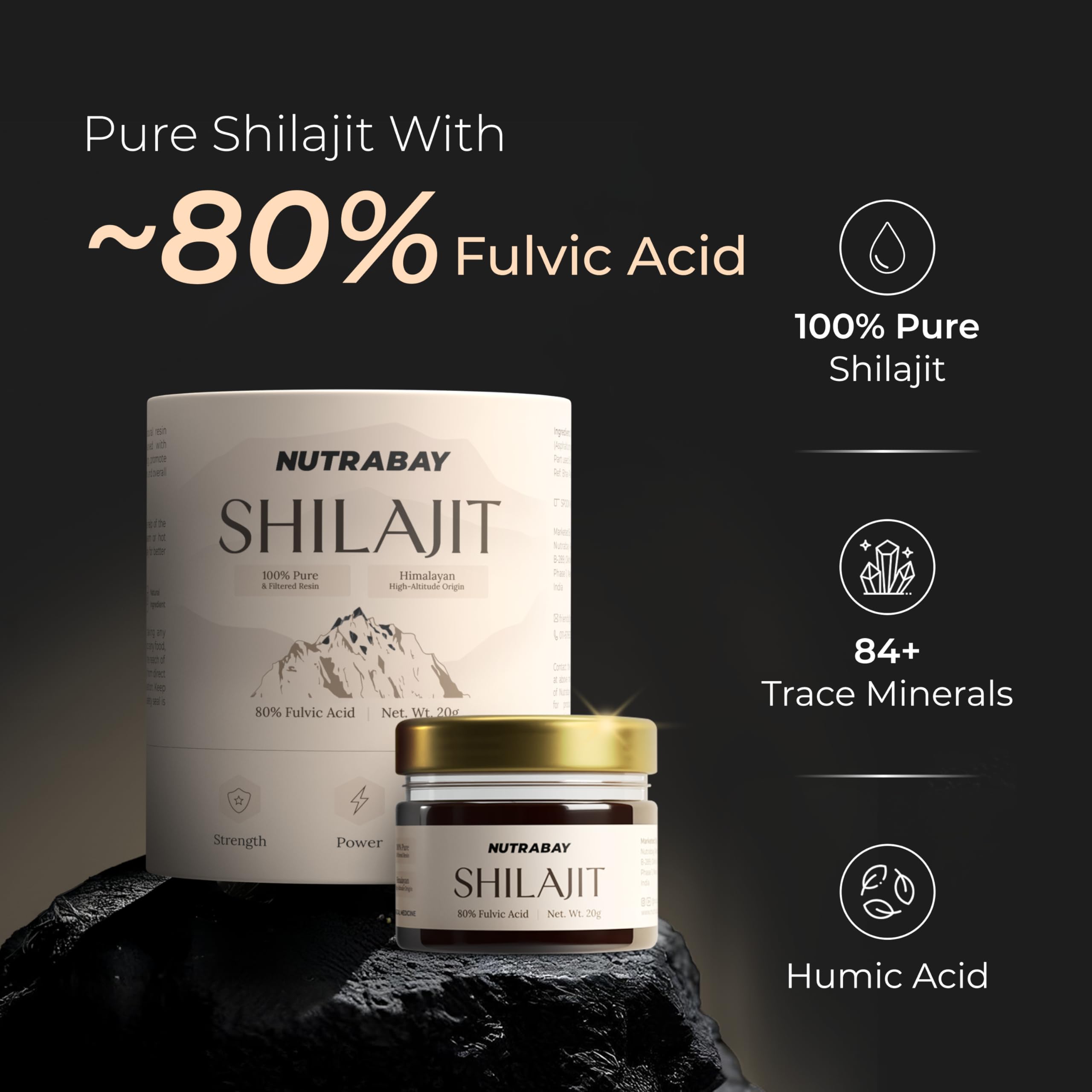 Nutrabay Shudh Himalayan Shilajit Resin from High Altitude – Extracted Using Water – Strength, Stamina & Power – Premium Ayurvedic Supplement – 20g