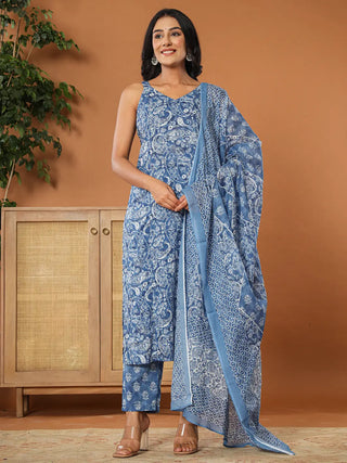 Yufta Blue Cotton Strappy Kurta Dupatta Set - Distacart