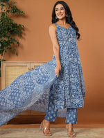 Thumbnail for Yufta Blue Cotton Strappy Kurta Dupatta Set
