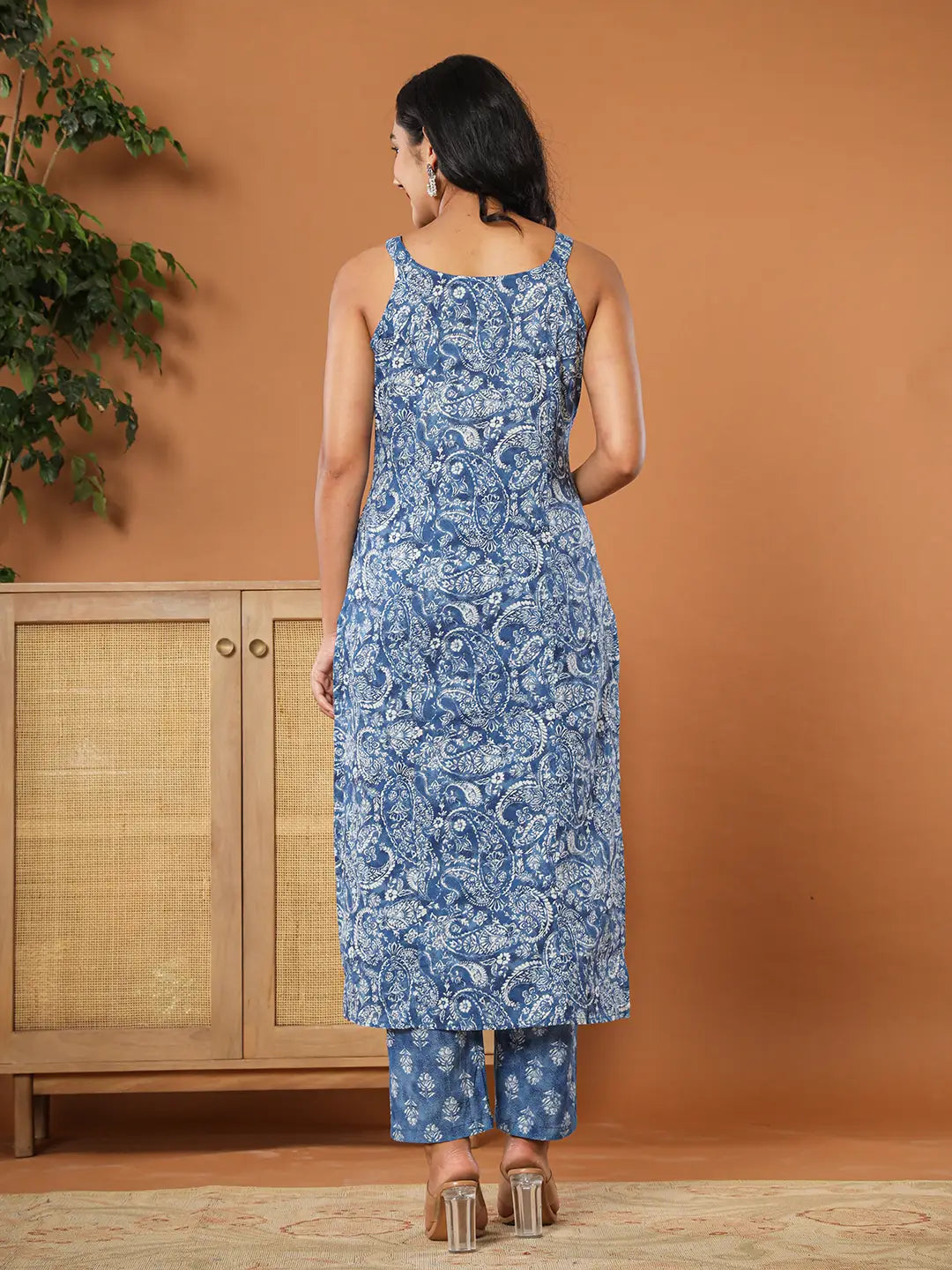 Yufta Blue Cotton Strappy Kurta Dupatta Set