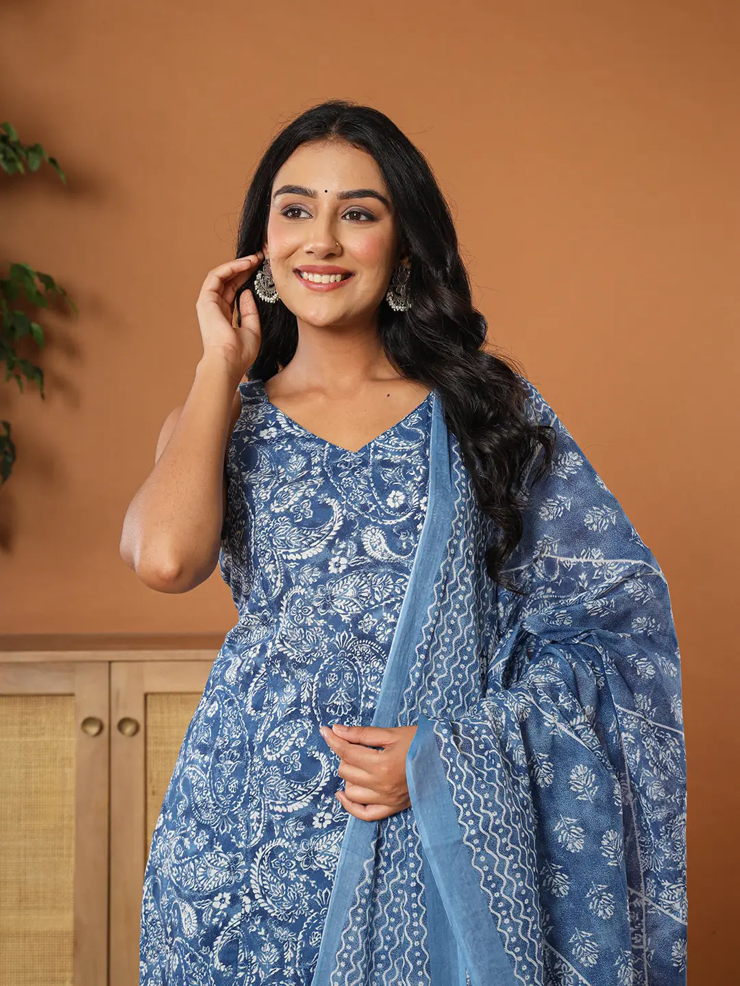 Yufta Blue Cotton Strappy Kurta Dupatta Set