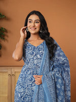 Thumbnail for Yufta Blue Cotton Strappy Kurta Dupatta Set