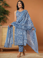 Thumbnail for Yufta Blue Cotton Strappy Kurta Dupatta Set