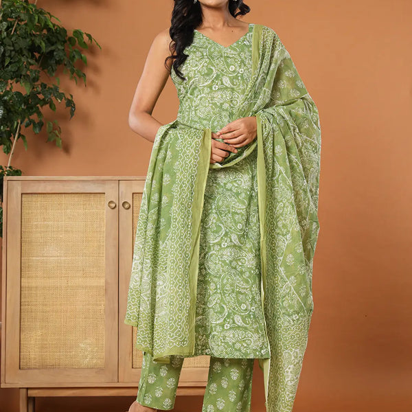 Yufta Green Cotton Strappy Kurta Dupatta Set - Distacart