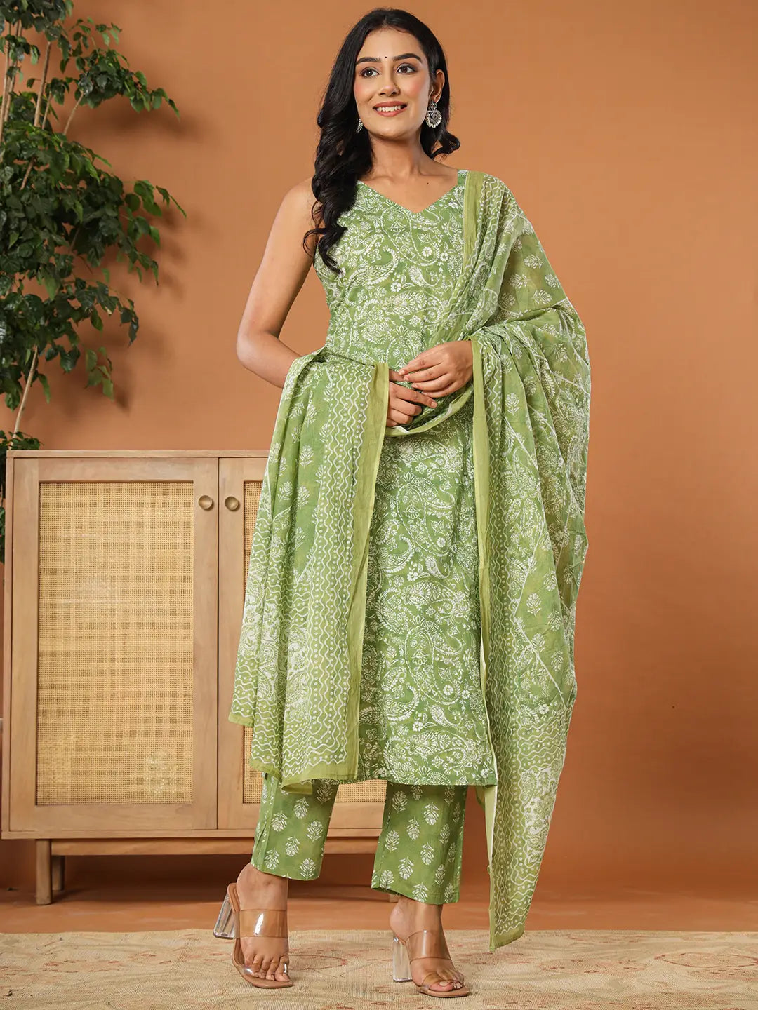 Yufta Green Cotton Strappy Kurta Dupatta Set - Distacart